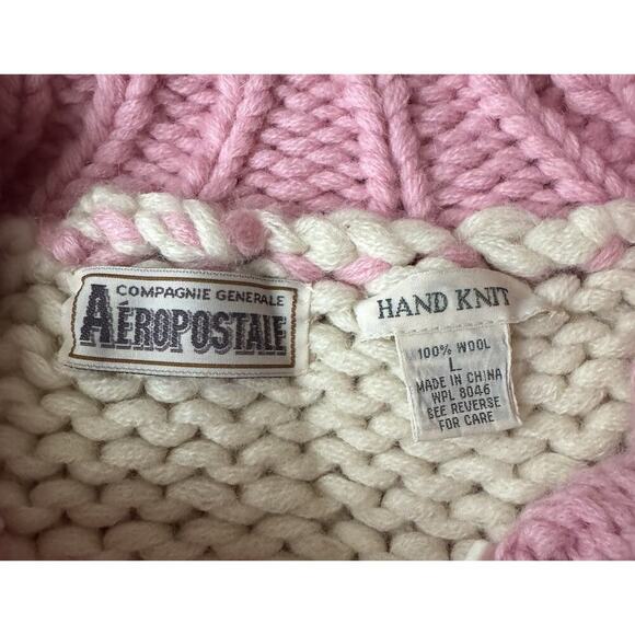 Aeropostale Hand Knit Cardigan Sweater Vtg Pink/Crm 100% Wool Y2K Size L - Picture 10 of 11